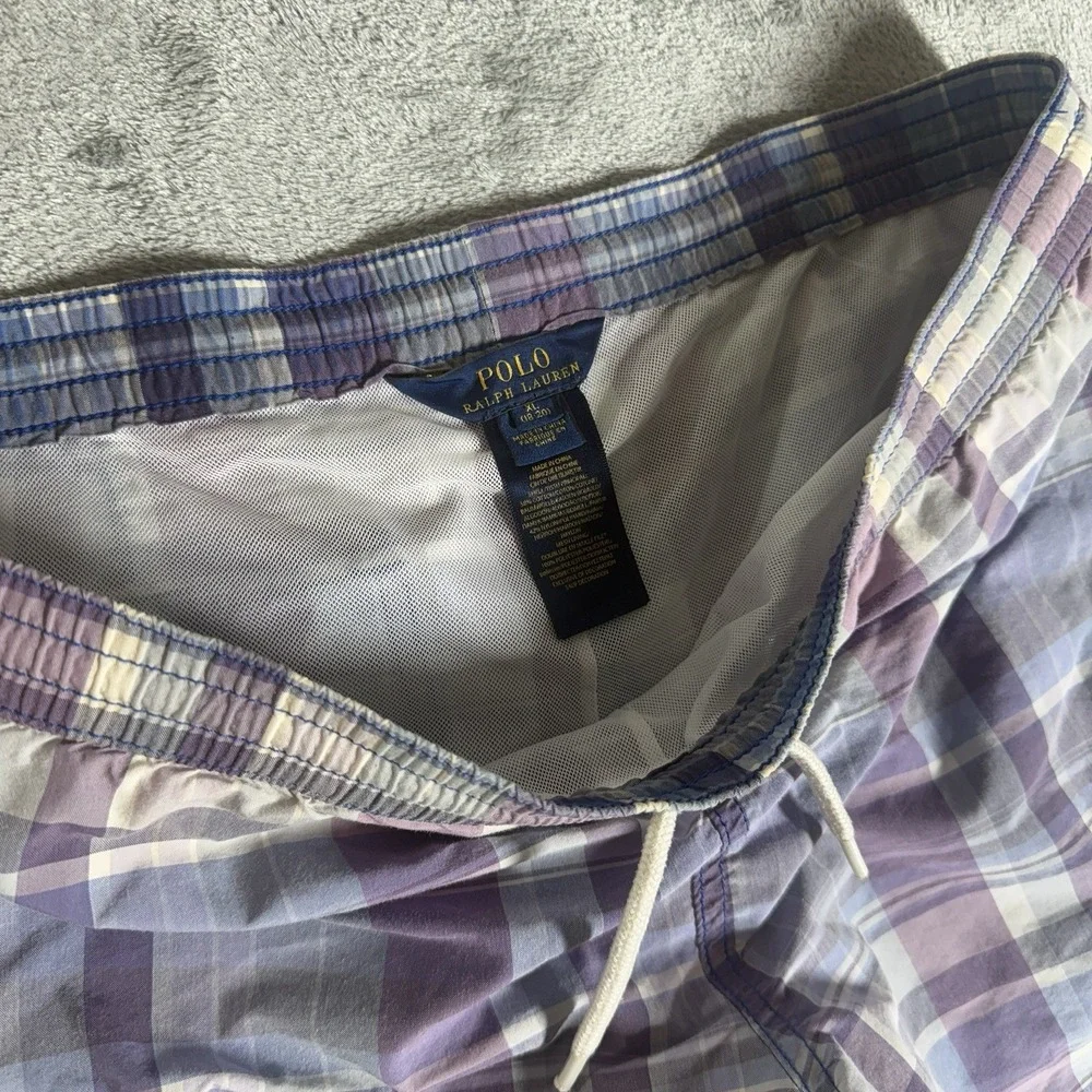 Polo Ralph Lauren‎ Swim Trunks Youth XL Blue Plaid Drawstring Board Shorts Lined